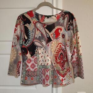 Jessica Max Sz L Paisley Blouse Top 90s Y2K Art to Wear 3/4 Sleeve Fitted Boho